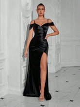 ADYCE Cold Shoulder Split Thigh Satin Formal Dress